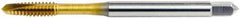 OSG - #3-56 UNF, 2 Flute, TiN Finish, High Speed Steel Spiral Point Tap - Plug Chamfer, Right Hand Thread, 1-13/16" OAL, 1/2" Thread Length, 0.141" Shank Diam, 2B Class of Fit, Series 105 - Exact Industrial Supply
