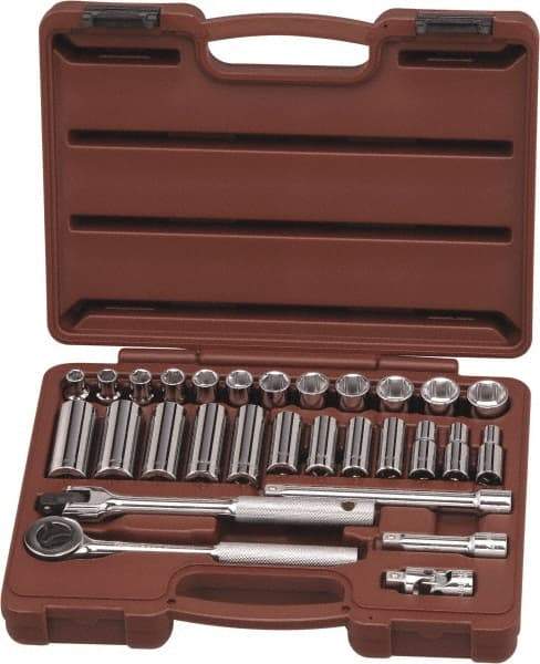 Paramount - 29 Piece 3/8" Drive Chrome Finish Deep Well Socket Set - 6 Points, 8mm to 19mm Range, Metric Measurement Standard - Eagle Tool & Supply