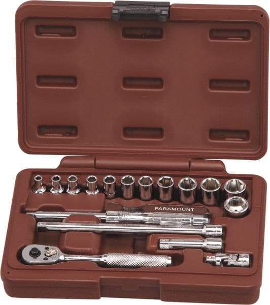 Paramount - 17 Piece 1/4" Drive Chrome Finish Socket Set - 6 Points, 4mm to 14mm Range, Metric Measurement Standard - Eagle Tool & Supply