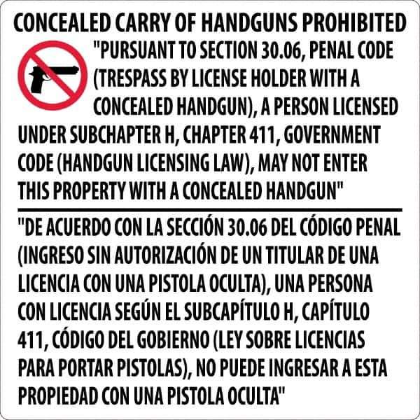 NMC - "Concealed Carry of Handguns Prohibited", 24" Long x 24" Wide, Rigid Plastic Safety Sign - Square, 0.05" Thick, Use for Accident Prevention - Eagle Tool & Supply