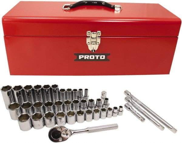 Proto - 39 Piece 3/8" & 1/2" Drive Chrome Finish Deep Well Socket Set - 6 Points, 5/16" to 1" Range, Inch Measurement Standard - Eagle Tool & Supply