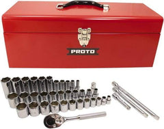 Proto - 39 Piece 3/8" & 1/2" Drive Chrome Finish Deep Well Socket Set - 6 Points, 5/16" to 1" Range, Inch Measurement Standard - Eagle Tool & Supply