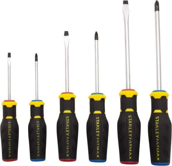 Stanley - 6 Piece Slotted & Phillips Screwdriver Set - Ergonomic & Bi-material Handle, Blade Sizes: Length 3 to 6, Width 3/16, 1/4 & 5/16, Bit Sizes: Philips #1 to #3 - Eagle Tool & Supply