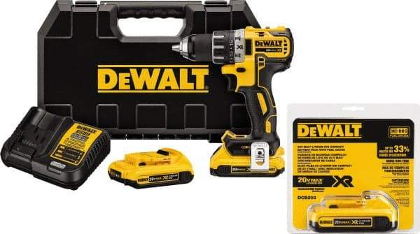 DeWALT - 20 Volt 1/2" Chuck Mid-Handle Cordless Drill - 0-500 & 0-2000 RPM, Keyless Chuck, Reversible, 3 Lithium-Ion Batteries Included - Eagle Tool & Supply