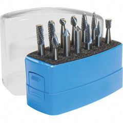 Made in USA - 8 Piece, 1/4" Shank Burr Set - Solid Carbide, Multiple Head Shapes, 14° Included Angle - Eagle Tool & Supply