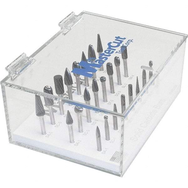 Made in USA - 24 Piece, 1/4" Shank Burr Set - Multiple Head Shapes, Solid Carbide, 14° Included Angle - Eagle Tool & Supply