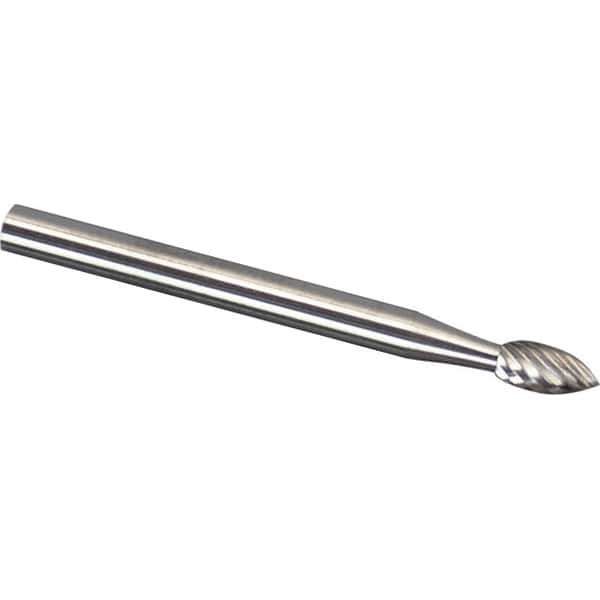 Made in USA - 1/8" Cut Diam, 1/8" Shank Diam, Flame Head Aluma Cut Burr - Carbide, 1/4" LOC, 3" OAL - Eagle Tool & Supply