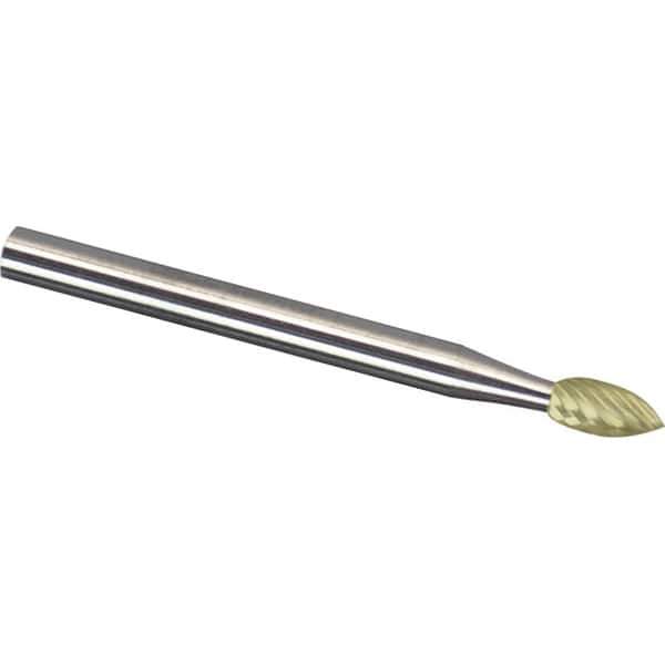 Made in USA - 3mm Cut Diam, 0.1181" Shank Diam, Flame Head Chipbreaker Cut Burr - Carbide, 6.3mm LOC, 38mm OAL - Eagle Tool & Supply