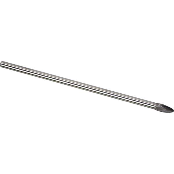 Made in USA - 1/4" Cut Diam, 1/4" Shank Diam, Flame Head Single Cut Burr - Carbide, 1/2" LOC, 6" OAL - Eagle Tool & Supply