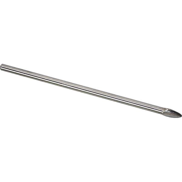 Made in USA - 1/4" Cut Diam, 1/4" Shank Diam, Flame Head Single Cut Burr - Carbide, 1/2" LOC, 6-3/4" OAL - Eagle Tool & Supply