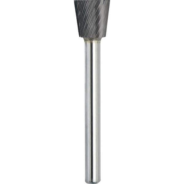 Made in USA - 1/2" Cut Diam, 1/4" Shank Diam, Inverted Cone Head Single Cut Burr - Carbide, 1/2" LOC, 2-1/4" OAL - Eagle Tool & Supply