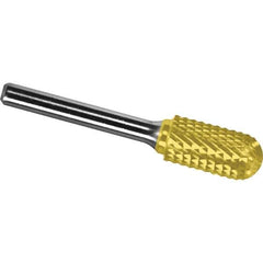 Made in USA - 3/8" Cut Diam, 1/4" Shank Diam, Cylinder with Radius Head Diamond Cut Burr - Carbide, 1" LOC, 2-3/4" OAL - Eagle Tool & Supply
