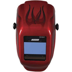 Jackson Safety - 2.36" Window Width x 3.93" Window Height, 9 to 13 Shade Auto-Darkening Lens, Fixed Front Welding Helmet - Red Flames Design, Thermoplastic Green Lens - Eagle Tool & Supply