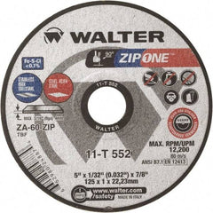 WALTER Surface Technologies - 5" Zirconia Alumina Cutoff Wheel - 1/32" Thick, 7/8" Arbor, 12,200 Max RPM, Use with Angle Grinders - Eagle Tool & Supply