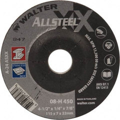 WALTER Surface Technologies - 24 Grit, 4-1/2" Wheel Diam, 1/4" Wheel Thickness, 7/8" Arbor Hole, Type 27 Depressed Center Wheel - Aluminum Oxide, 13,300 Max RPM - Eagle Tool & Supply