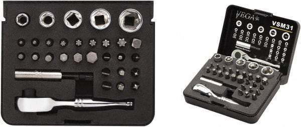 VEGA Industries - 31 Piece, 1/4" Drive Screwdriver Bit Set - #1 to #3 Phillips, 9/64 to 5/16" Hex, T8 to T40 Torx, #1 to #3 Square Recess - Eagle Tool & Supply