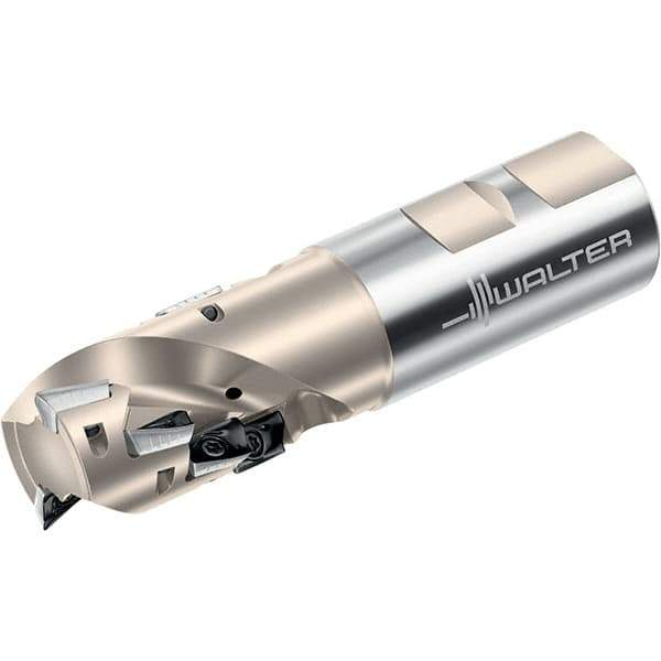 Walter - 1-1/4" Cut Diam, 1.693" Max Depth of Cut, 1-1/4" Shank Diam, 4.801" OAL, Indexable Square Shoulder Helical End Mill - Multiple Insert Styles, Weldon Shank, 90° Lead Angle, Through Coolant, Series Xtra-tec - Eagle Tool & Supply