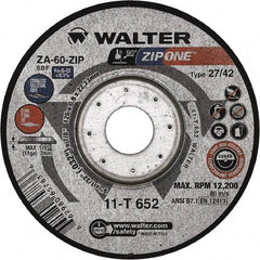 WALTER Surface Technologies - 60 Grit, 5" Wheel Diam, 1/32" Wheel Thickness, 7/8" Arbor Hole, Type 27 Depressed Center Wheel - Zirconia Alumina, Resinoid Bond, 12,200 Max RPM - Eagle Tool & Supply