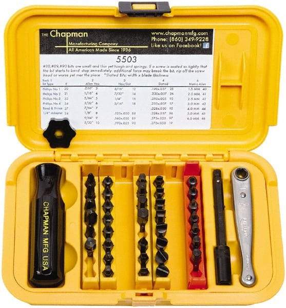 Chapman - 40 Piece, 1/4" Drive Screwdriver Bit Set - #1 to #4 Phillips, 0.05 to 5/16" Hex - Eagle Tool & Supply