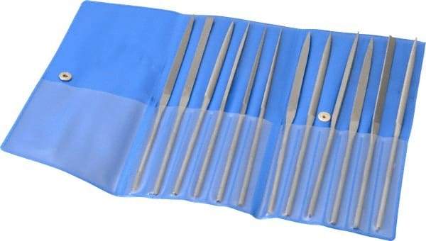 PFERD - 12 Piece Needle Pattern File Set - 6-1/4" Long, 0 Coarseness, Set Includes Flat, Hand, Crossing, Three Square, Square, Round, Half Round, Knife, Barrette, Flat with Round Edges, Crossing Oval - Eagle Tool & Supply