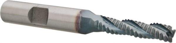 Hertel - 1/4" Diam, Coarse Pitch, 1-1/8" LOC, 3 Flute Cobalt Roughing Square End Mill - TiCN Finish, 2-15/16" OAL, 3/8" Shank Diam, Single End, Centercutting, 30° Helix - Eagle Tool & Supply