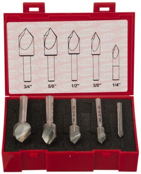 Keo - 5 Piece, 1/4 to 3/4" Head Diam, 82° Included Angle, Single End Countersink Set - Eagle Tool & Supply
