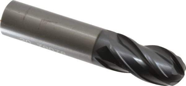 OSG - 20mm Diam, 38mm LOC, 4 Flute Solid Carbide Ball End Mill - TiAlN Finish, Single End, 102mm OAL, 20mm Shank Diam, Spiral Flute - Eagle Tool & Supply