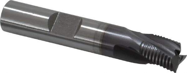 OSG - 3/8" Diam, Fine Pitch, 3/8" LOC, 3 Flute Cobalt Corner Chamfer Roughing End Mill - TiCN Finish, 2-5/32" OAL, 3/8" Shank Diam, Single End, Centercutting, 30° Helix - Eagle Tool & Supply