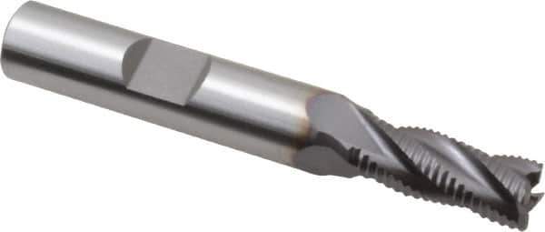 OSG - 5/16" Diam, Fine Pitch, 3/4" LOC, 4 Flute Cobalt Corner Chamfer Roughing End Mill - TiCN Finish, 2-1/2" OAL, 3/8" Shank Diam, Single End, Centercutting, 30° Helix - Eagle Tool & Supply