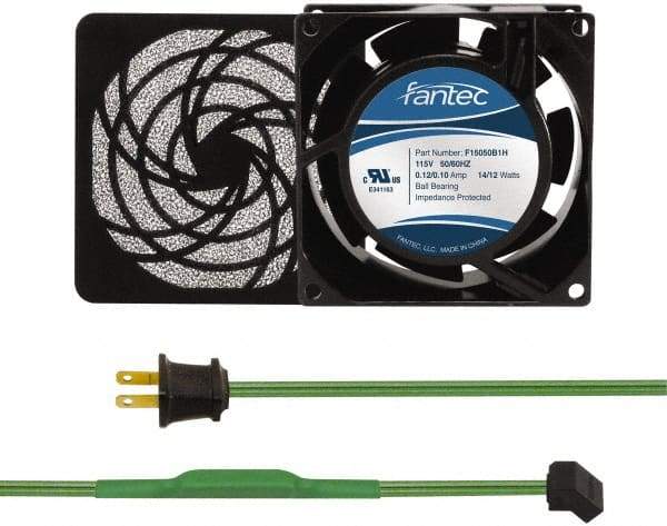 Made in USA - 115 Volts, AC, 31 CFM, Square Tube Axial Fan Kit - 0.18 Amp Rating, 3.15" High x 3" Wide x 38.5mm Deep, Includes Fan, Fan Filter, Thermostatically Controlled Fan Cord - Eagle Tool & Supply