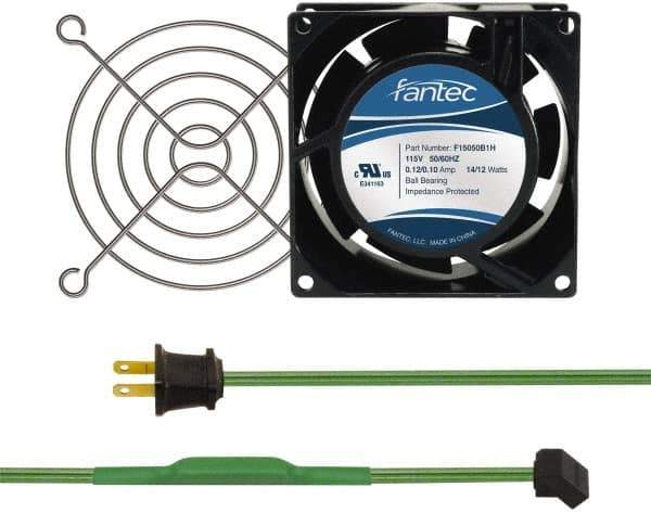 Made in USA - 115 Volts, AC, 31 CFM, Square Tube Axial Fan Kit - 0.18 Amp Rating, 3.15" High x 3" Wide x 38.5mm Deep, Includes Fan, Fan Guard, Thermostatically Controlled Fan Cord - Eagle Tool & Supply