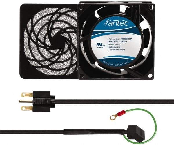 Made in USA - 230 Volts, AC, 32 CFM, Square Tube Axial Fan Kit - 0.06/0.05 Amp Rating, 3.15" High x 3" Wide x 38.5mm Deep, Includes Fan, Fan Guard, Fan Cord - Eagle Tool & Supply