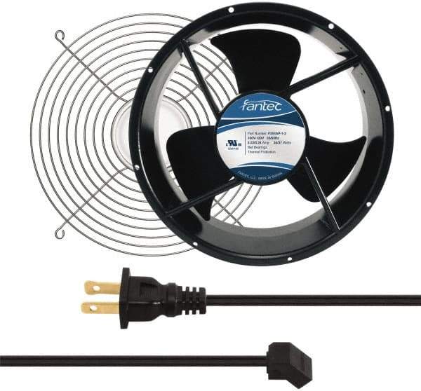 Made in USA - 115 Volts, AC, 600 CFM, Round Tube Axial Fan Kit - 0.22/0.24 Amp Rating, 254mm High x 254mm Wide x 89mm Deep, Includes Fan, Fan Guard, Fan Cord - Eagle Tool & Supply