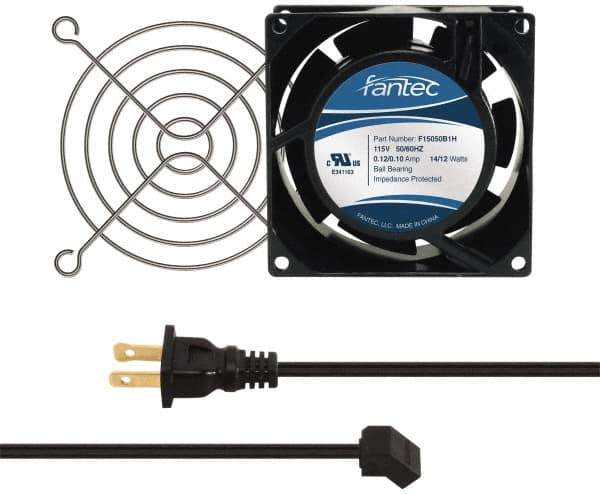 Made in USA - 115 Volts, AC, 31 CFM, Square Tube Axial Fan Kit - 0.18 Amp Rating, 3.15" High x 3" Wide x 38.5mm Deep, Includes Fan, Fan Guard, Fan Cord - Eagle Tool & Supply