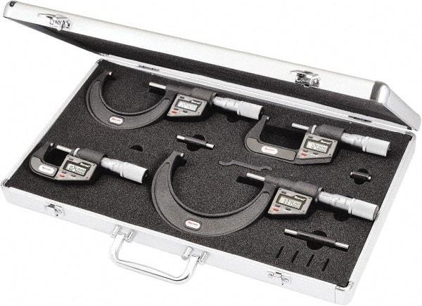 Starrett - 0 to 4" Range, 0.001mm Resolution, 4 Piece Electronic Outside Micrometer Sets - 0.001mm Accuracy, Friction Thimble, Carbide Measuring Face - Eagle Tool & Supply