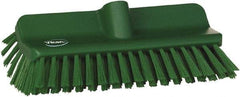 Vikan - 1-1/2" Bristle Length, Polyester Cleaning & Finishing Brush - 9-5/8" Long x 5" Wide Head, 10" OAL, European Threaded Handle, Green, Polypropylene Block - Eagle Tool & Supply