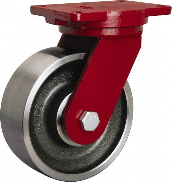 Hamilton - 8" Diam x 3" Wide x 10-1/2" OAH Top Plate Mount Swivel Caster - Forged Steel, 4,000 Lb Capacity, Tapered Roller Bearing, 6-1/8 x 7-1/2" Plate - Eagle Tool & Supply