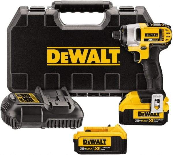 DeWALT - 20 Volt, 1/4" Drive, 117 Ft/Lb Torque, Cordless Impact Driver - Mid-Handle, 2800 RPM, 2 Lithium-Ion Batteries Included - Eagle Tool & Supply