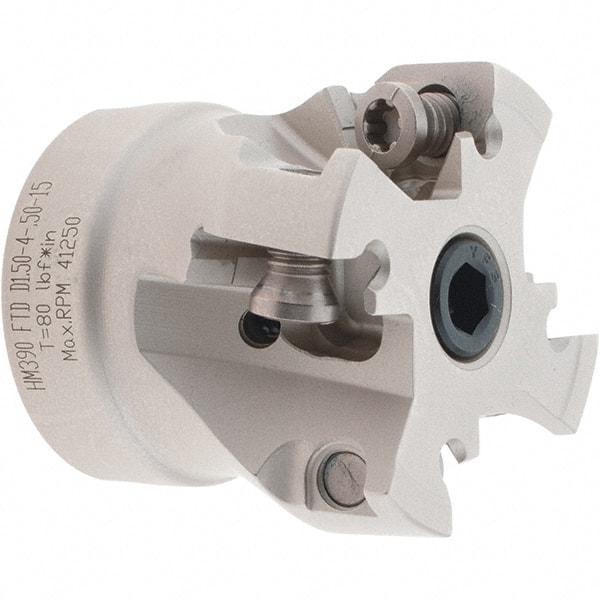 Iscar - 4 Inserts, 1-1/2" Cut Diam, 1/2" Arbor Diam, 0.512" Max Depth of Cut, Indexable Square-Shoulder Face Mill - 0° Lead Angle, 1.37" High, HM390 TDKT 1505.. Insert Compatibility, Through Coolant, Series HeliIQMill - Eagle Tool & Supply