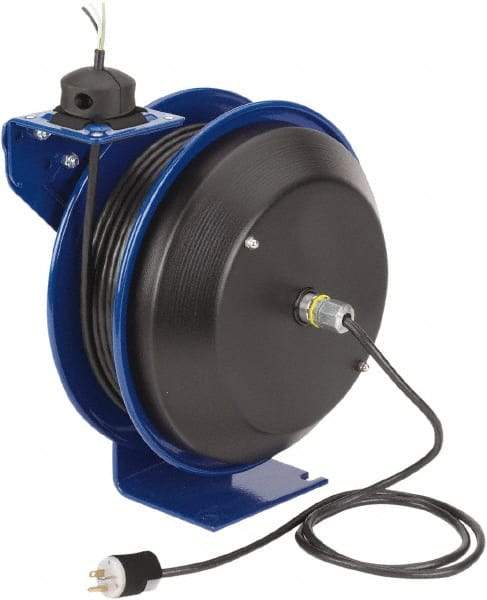 CoxReels - 16 AWG, 75' Cable Length, Cord & Cable Reel with Bare End - 0 Outlets, 13 Amps, 115 Volts, SJO Cable, Blue Reel, Spring Driven Reel - Eagle Tool & Supply