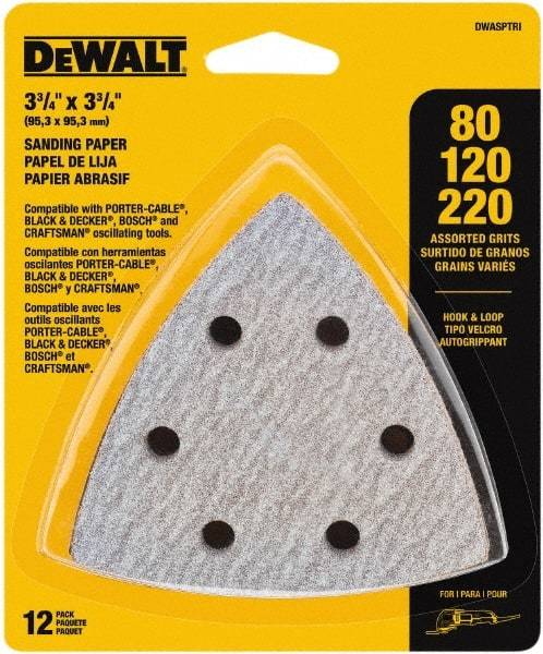 DeWALT - 80, 120 & 220 Grit, Aluminum Oxide TriangleSanding Sheet - 3-1/2" Long x 3-3/4" Wide, Assorted Grade, Weighted Cloth Backing - Eagle Tool & Supply