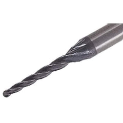 Iscar - 0.5° Taper Angle per Side, 1mm Small End Diam, 12mm LOC, Solid Carbide 4 Flute Tapered Ball End Mill - TiAlN Finish, 45mm OAL, 4mm Shank Diam, Spiral Flute, 25° Helix - Eagle Tool & Supply