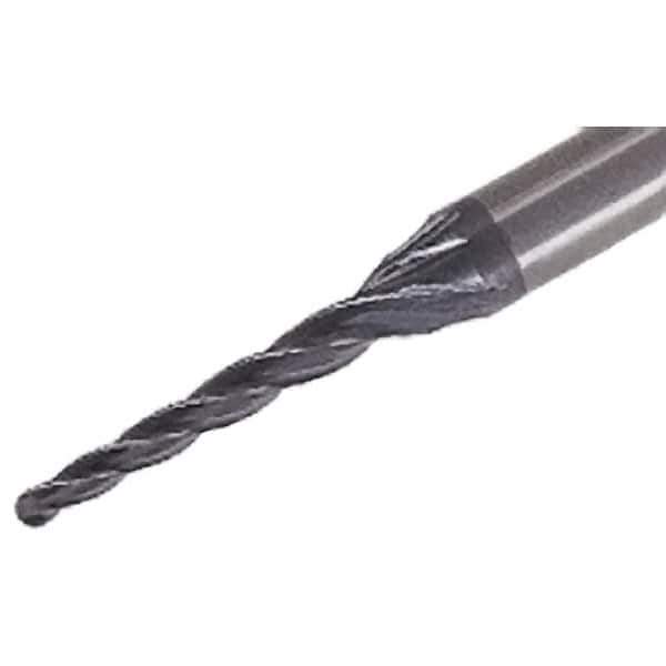 Iscar - 0.5° Taper Angle per Side, 1.5mm Small End Diam, 16mm LOC, Solid Carbide 4 Flute Tapered Ball End Mill - TiAlN Finish, 50mm OAL, 4mm Shank Diam, Spiral Flute, 25° Helix - Eagle Tool & Supply