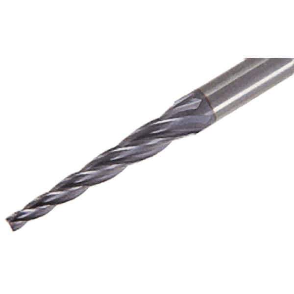Iscar - 1° Taper Angle per Side, 1mm Small End Diam, 8mm LOC, Solid Carbide 4 Flute Tapered Square End Mill - TiAlN Finish, 45mm OAL, 4mm Shank Diam, Spiral Flute, 25° Helix - Eagle Tool & Supply