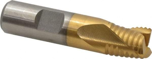 Interstate - 5/8" Diam, Coarse Pitch, 5/8" LOC, 3 Flute Cobalt Roughing Square End Mill - TiN Finish, 2-3/4" OAL, 5/8" Shank Diam, Single End, Centercutting - Eagle Tool & Supply