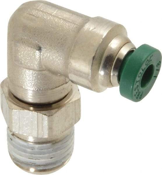 Parker - 1/8" Outside Diam, 1/8 NPTF, Nickel Plated Brass Push-to-Connect Tube Male Swivel Elbow - 300 Max psi, Tube to Male NPT Connection, Buna-N O-Ring - Eagle Tool & Supply