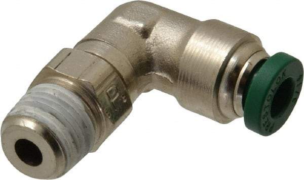 Parker - 3/16" Outside Diam, 1/8 NPTF, Nickel Plated Brass Push-to-Connect Tube Male Swivel Elbow - 300 Max psi, Tube to Male NPT Connection, Buna-N O-Ring - Eagle Tool & Supply