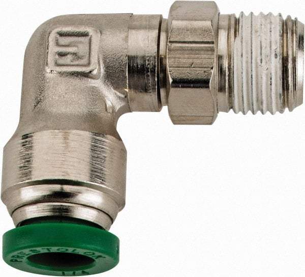 Parker - 1/4" Outside Diam, 1/8 NPTF, Nickel Plated Brass Push-to-Connect Tube Male Swivel Elbow - 300 Max psi, Tube to Male NPT Connection, Buna-N O-Ring - Eagle Tool & Supply