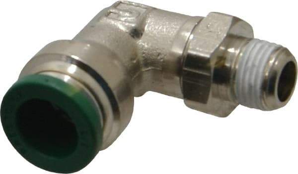 Parker - 3/8" Outside Diam, 1/8 NPTF, Nickel Plated Brass Push-to-Connect Tube Male Swivel Elbow - 300 Max psi, Tube to Male NPT Connection, Buna-N O-Ring - Eagle Tool & Supply