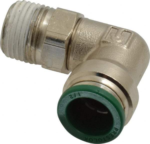 Parker - 1/2" Outside Diam, 3/8 NPTF, Nickel Plated Brass Push-to-Connect Tube Male Swivel Elbow - 300 Max psi, Tube to Male NPT Connection, Buna-N O-Ring - Eagle Tool & Supply